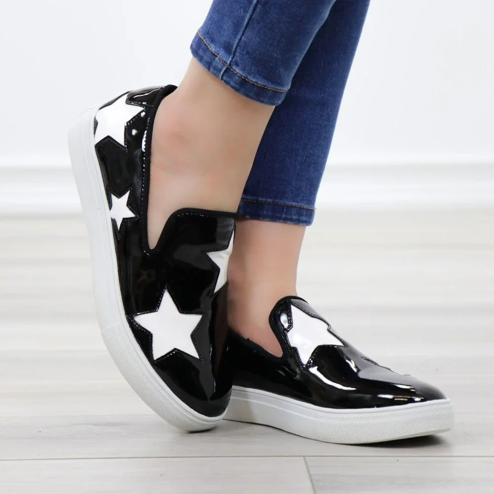 Black With White Stars Patent Sneakers Shoes - Picture 4 of 15
